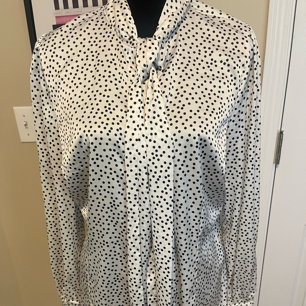 Hawes and Curtis black and white polka dot, tie neck blouse!